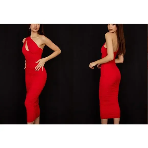 House of CB Valentina Scarlet Asymmetric Cutout Midi Dress Size XS - Picture 9 of 9